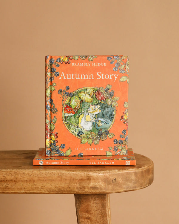 The hardcover "Autumn Story : Jill Barklem" stands upright on a wooden bench with another copy below. Its cover features an illustrated mouse among autumn harvest, berries, and leaves in the magical Brambly Hedge.