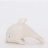A Handmade Tiny Wooden Dolphin, hand-carved from eco-responsible forests, featuring a simple, smooth design with subtle wood grain texture, and a cheerful expression crafted with a small dot for an eye.