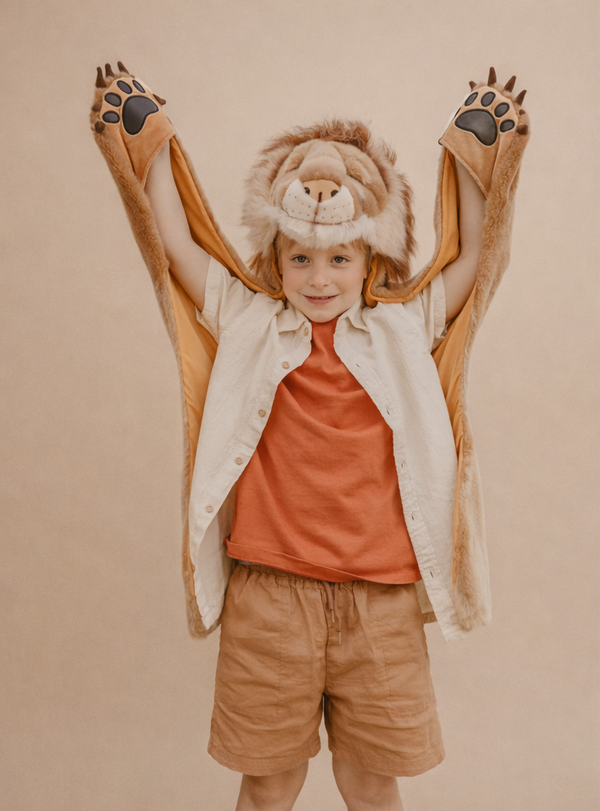Smiling child wearing the Costume - Lion faux fur hood with raised paws, peach shirt, cream overshirt, and tan shorts, standing against a plain beige background.