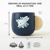 A Cutlery & Dinner Set dark blue mug with a white bunny illustration and a round wooden handle for pretend play, measuring 55mm high, 76mm wide, and 60mm deep, featuring logos for sustainable, plastic-free, and FSC-certified wood.