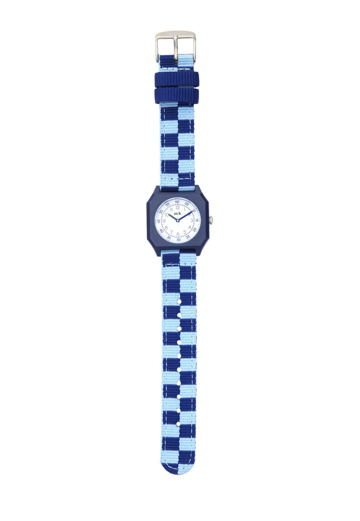 The Mini Kyomo Watch - Blue Sunday - Blue Checkered features a blue checkered fabric strap, round white face with black numbers, and a blue square case, displayed on a white background.