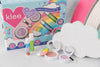 Klee Naturals Makeup Kit - After the Rain- Rainbow Dream displayed with two lip balms, a blush compact, a purple eyeshadow compact with an applicator, and a sparkly cloud-shaped cutout.