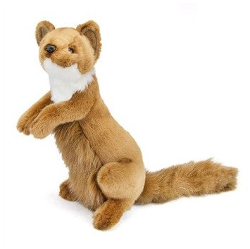 The Weasel Stuffed Animal is a hand-sewn plush toy by HANSA, featuring upright posture, brown fur, white chest patch, bushy tail, and rounded ears—perfect for realistic plush animal lovers.