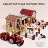 The Wooden Farmyard Stables playset includes barns, animal figures, a red tractor, fences, and a farmer on a light surface. Text above says "Collect the whole farmyard family." Ideal for small world play.