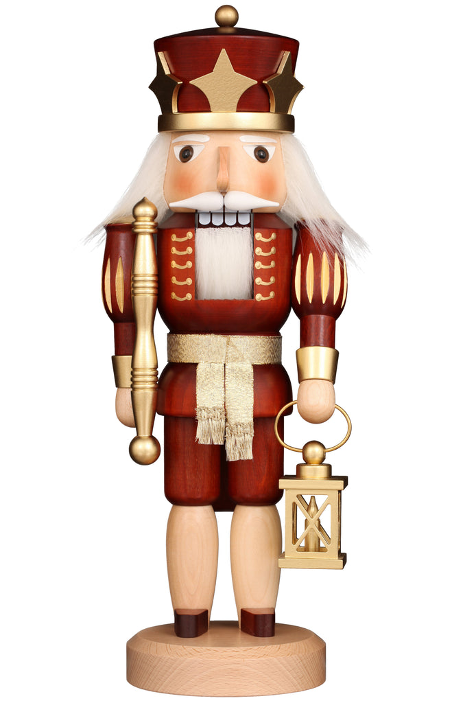 The Christian Ulbricht Collectible Wooden Nutcracker - Prince (Natural and Gold) features a regal prince with a gold staff and crown, red-and-gold uniform, white hair, round base, and is proudly made in Germany.