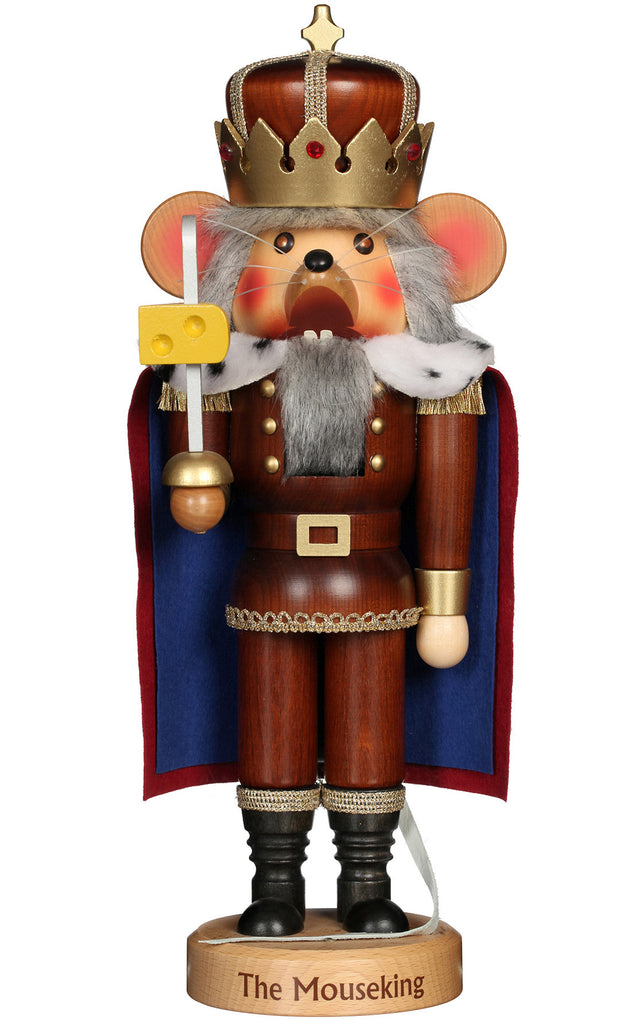 The Christian Ulbricht Collectible Wooden Nutcracker - Mouse King resembles a mouse king wearing a crown and a red and blue cape while holding a cheese-tipped staff. This limited-edition piece proudly stands on its base labeled "The Mouseking," highlighting exquisite German craftsmanship.