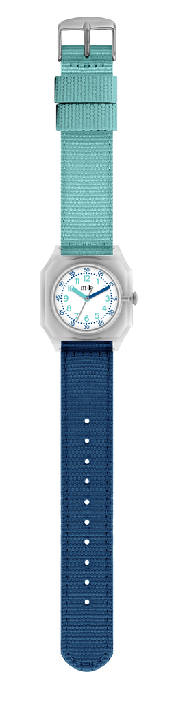 The Mini Kyomo Watch - Blue Ocean features a white dial, teal numbers, teal hour hand, Japanese movement, a light teal upper strap, and a dark blue lower strap on a white background.