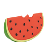 Wally the Watermelon Teether is a colorful natural rubber baby toy shaped like a bitten watermelon slice, with red flesh, black seeds, and a green rind—ideal for sensory play and teething.