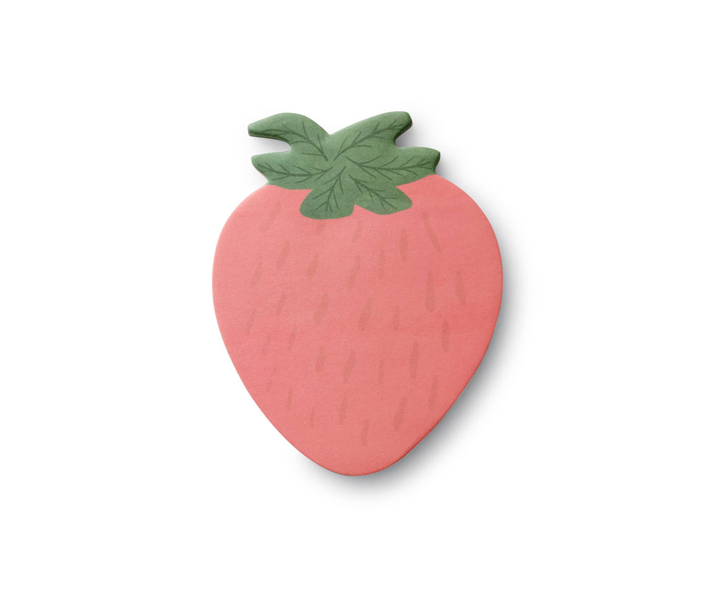 Strawberry Sticky Notes feature a simple, flat strawberry illustration with a pink body and green leaves on top, resembling charming die-cut sticky notes against a plain white background.