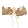 The Crown - Gold Sequins, a gold sequin bralette top with cat ear accents and cream ribbon ties inspired by Luciole et Petit Pois (France), is displayed against a white background.