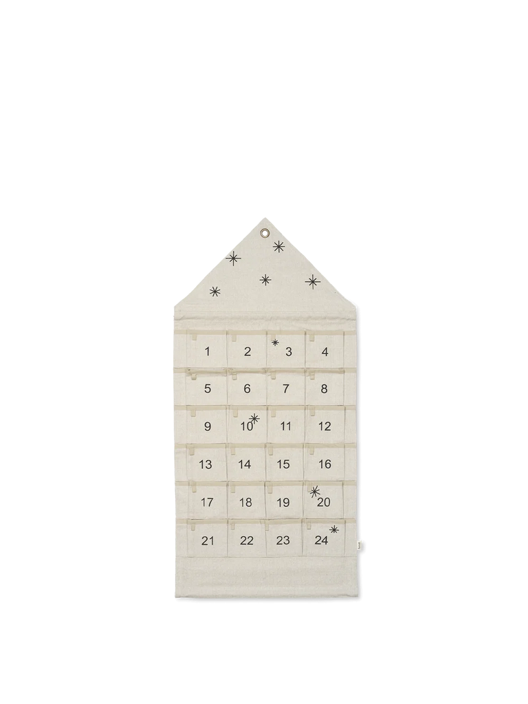 Ferm Living Star Christmas Calendar - Sand/Black wall-hanging canvas house advent calendar with 24 pockets and embroidered star accents.