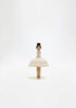 Introducing the Wooden Ballerina: a minimalist wooden figurine featuring a round base reminiscent of a dress, complete with a simple head and bun hairstyle. This hand-painted piece is crafted using water-based paint and captures the elegance of a ballerina, beautifully showcased against a plain white background.
