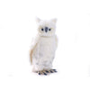 The Snowy Owl Stuffed Animal features soft white fur with grey markings, yellow and black eyes, and detailed brown and black feet. This hand-sewn plush toy from HANSA animals stands upright against a plain white background.