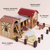 The Wooden Farmyard Stables is an FSC-certified wooden playset featuring a detailed barn with a red roof, beige and brown walls, removable roof panels, a ladder, two toy horses, a fenced area, and labeled features.