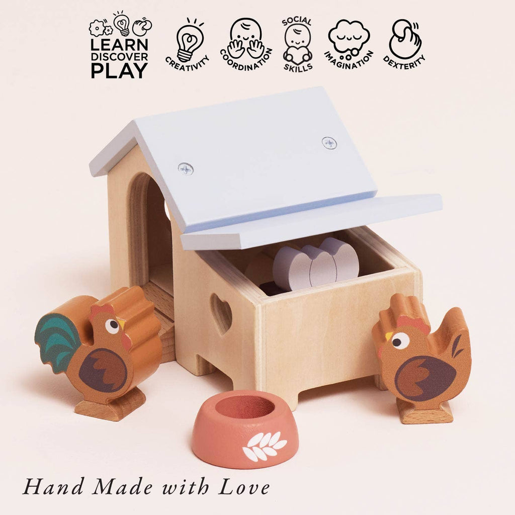 Chicken Coop Playset crafted from FSC-certified wood includes two chickens, a nest, an egg, and a food bowl. Inspires creativity, coordination, and social skills. "Hand Made with Love" is featured below.