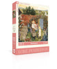 Beekeepers - 500 Piece Jigsaw Puzzle features two people tending beehives and collecting honey in a vibrant garden beside a red brick wall, illustrated by Loré Pemberton.
