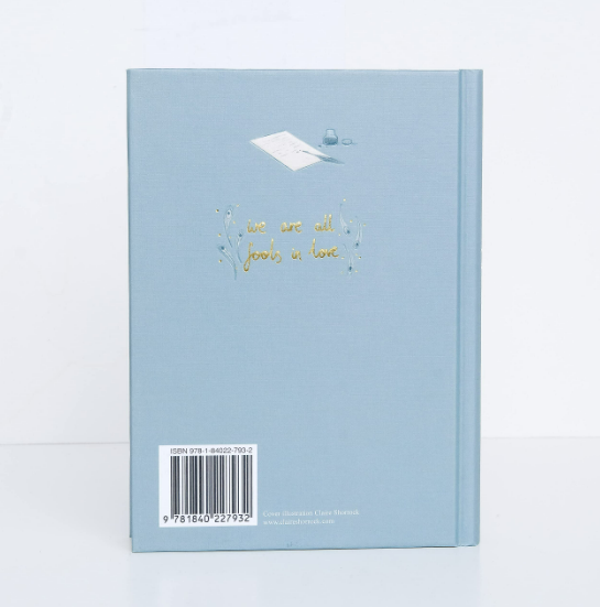 The "Pride and Prejudice | Austen | Collector's Ed. | Hardcover" features a light blue cover with gold text stating "we are all fools in love," plus a barcode and small letter-and-ink illustration on the back.