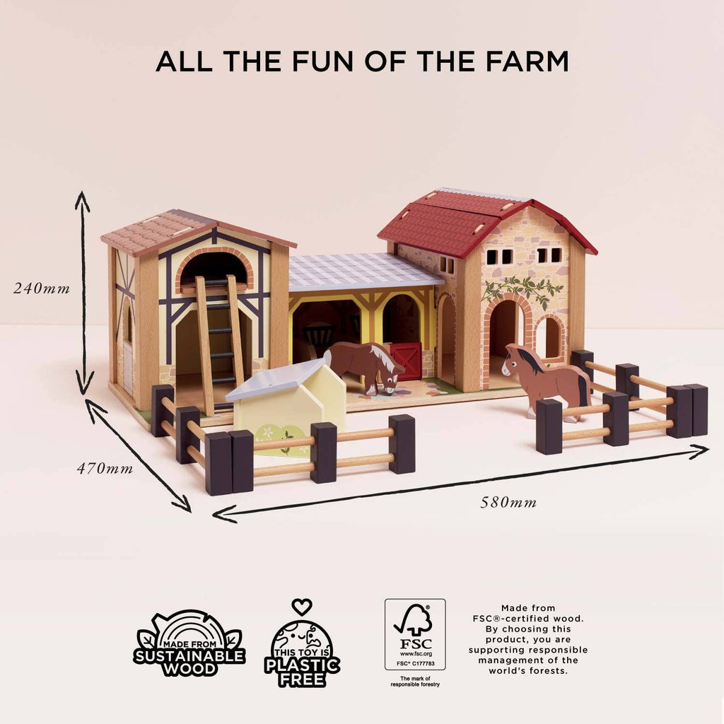 The Wooden Farmyard Stables set features a barn, stable, fences, and animals. Made from FSC-certified wood with sustainable, plastic-free materials, it offers “All the Fun of the Farm” and comes with setup dimensions included.