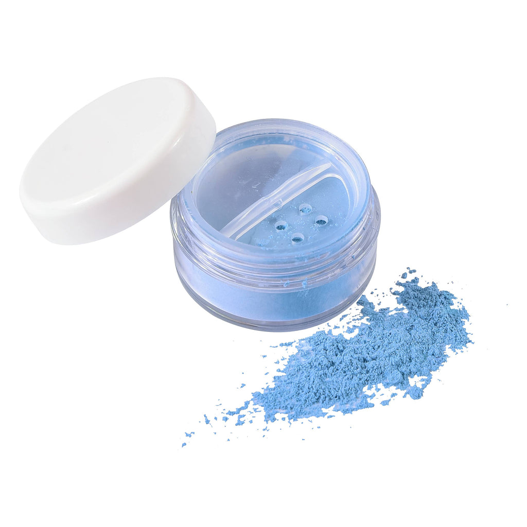 Small clear jar of Klee Naturals Deluxe Makeup Kit - Regal Queen Fairy light blue mineral makeup with a white lid and a pile of loose powder beside it.