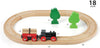 The BRIO Little Forest Train Set includes an 18-piece classic set with a red and black engine, wooden logs, a circular wooden track, two green trees, and labeled quantities for each piece.