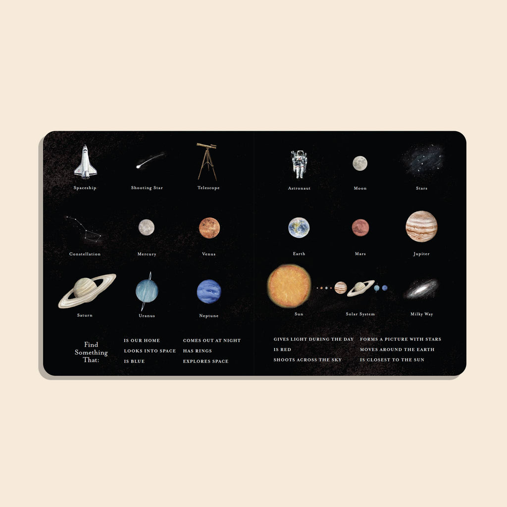 A space-themed spread in "Our Little Library Vol. 3" features labeled illustrations of a spaceship, shooting star, telescope, constellations, planets, astronaut, moon, sun, and Milky Way—ideal for early language development with engaging prompts.