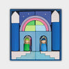 A set of wooden blocks arranged in a square, depicting a castle with two figurines in doorways. The blocks are in various colors, including blue, green, pink, and purple, and feature shapes like arches, towers, and stairs. Perfect for small Grimm's Building World Polar Light Block Set enthusiasts who love creative building materials.