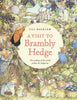The illustrated cover of "A Visit to Brambly Hedge by Jill Barklem" features mice in clothes gathering berries and interacting in a lush, green hedge, from her classic hedgerow stories.