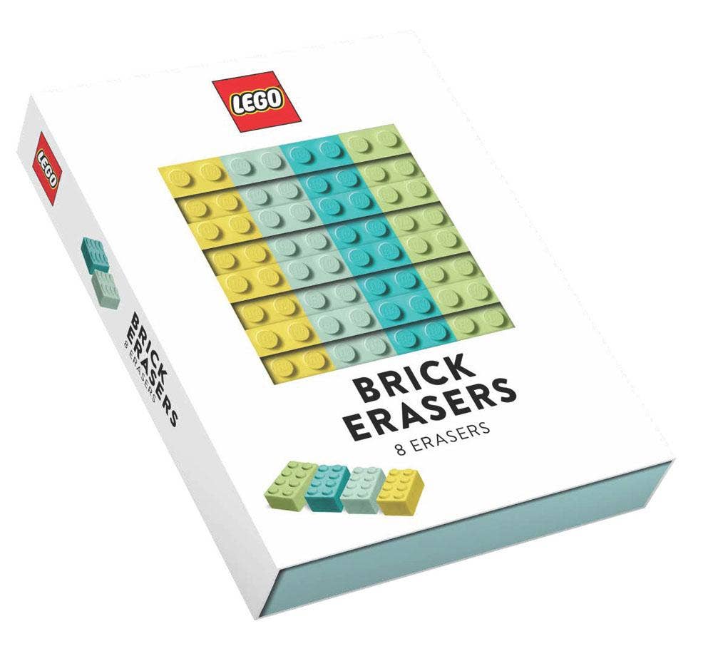 Lego Brick Erasers come in a set of 8 erasers shaped like colorful LEGO bricks in yellow, blue, and green—perfect for party favors or as a fun addition to your LEGO school supplies.