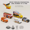 The Emergency Helicopter & Rescue Cars set features six colorful wooden vehicles, including a helicopter, fire truck, and ambulance—displayed on a light surface with product features and sustainability icons below, perfect for imaginative play.