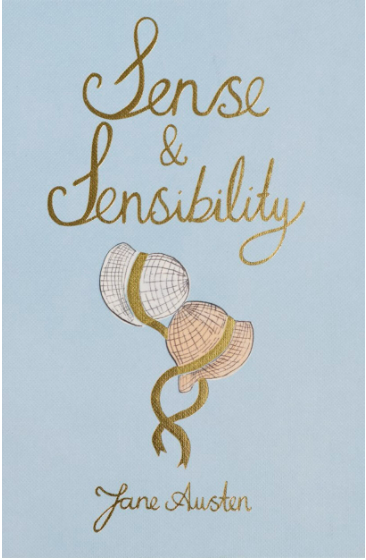 Light blue hardcover "Sense and Sensibility | Collector's Edition" with gold script title, two ribboned bonnets, and "Jane Austen" in matching gold at the bottom.