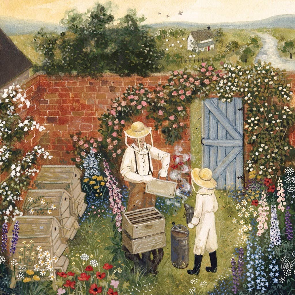 Two beekeepers tend hives in a flower-filled garden with roses, honey, and a farmhouse beyond—a charming scene featured on the Beekeepers - 500 Piece Jigsaw Puzzle.