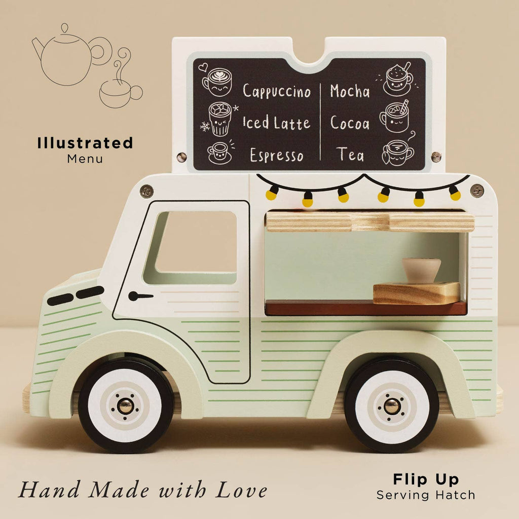 Mobile Café Van crafted from FSC-certified wood with an illustrated menu board, flip-up serving hatch, and small cups—perfect for imaginative play. Text reads: "Hand Made with Love.