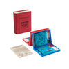 The Board Book: Battleship Vintage Bookshelf Edition is a naval action game in a red book-style case, featuring blue and red grids, game pieces, instructions, and colored pegs for classic strategy play.