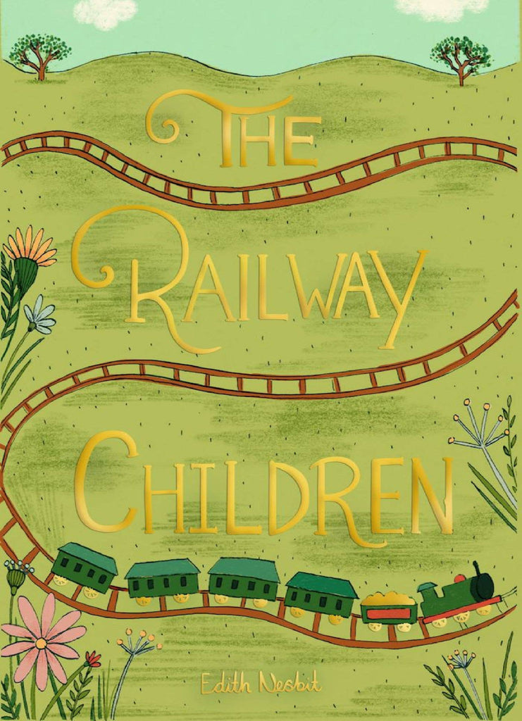 The Railway Children | Collector's Edition | Hardcover features a green landscape with a winding train track, a small train and carriages, colorful flowers, and the title in bold yellow letters on the cover.