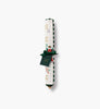 A Nativity Embroidered Hanging Advent Calendar, rolled up and tied with a green ribbon with a hanging tag, featuring embroidered numbers and a nativity scene.