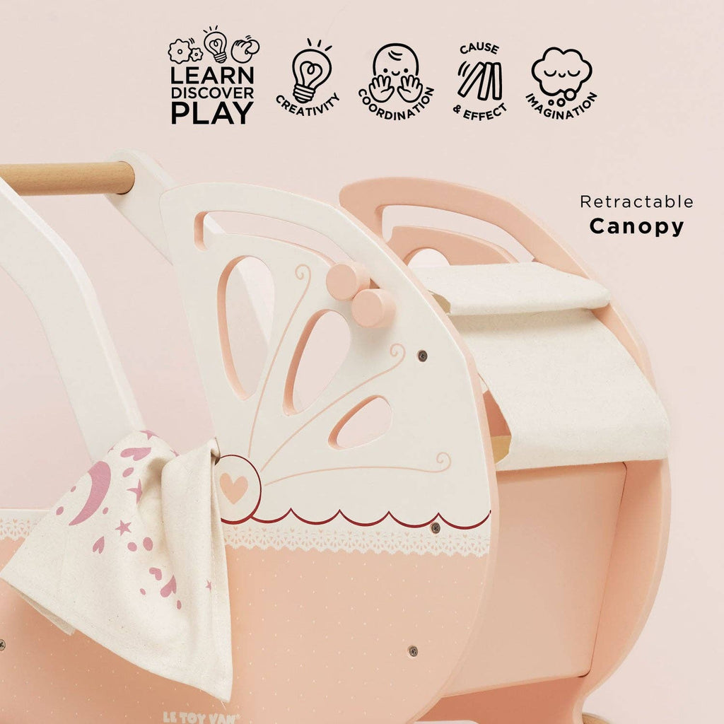 A Retro Wooden Doll Stroller with a pink butterfly-shaped side panel, a patterned cloth hanging from the handle, and a retractable canopy, accompanied by icons for learn, play, creativity, coordination, cause and effect, and imagination.