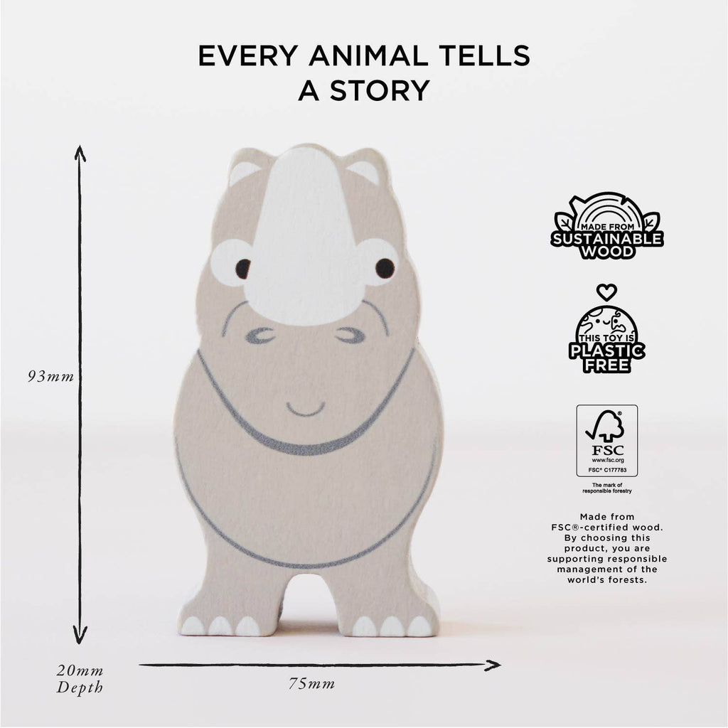 Every animal tells a story. The Africa Stacking Animals & Bag features a hippo standing upright, measuring 93mm x 75mm x 20mm, made from sustainable, FSC-certified wood and plastic-free materials.