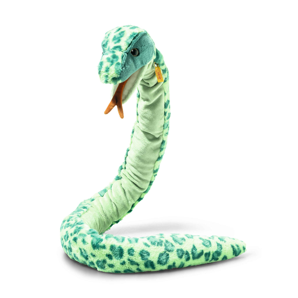 The Steiff Gin Snake Stuffed Plush Animal, 51 Inches, features dark spots, an open mouth with a forked tongue, and a soft curved body—making it the perfect cuddly playmate for kids.