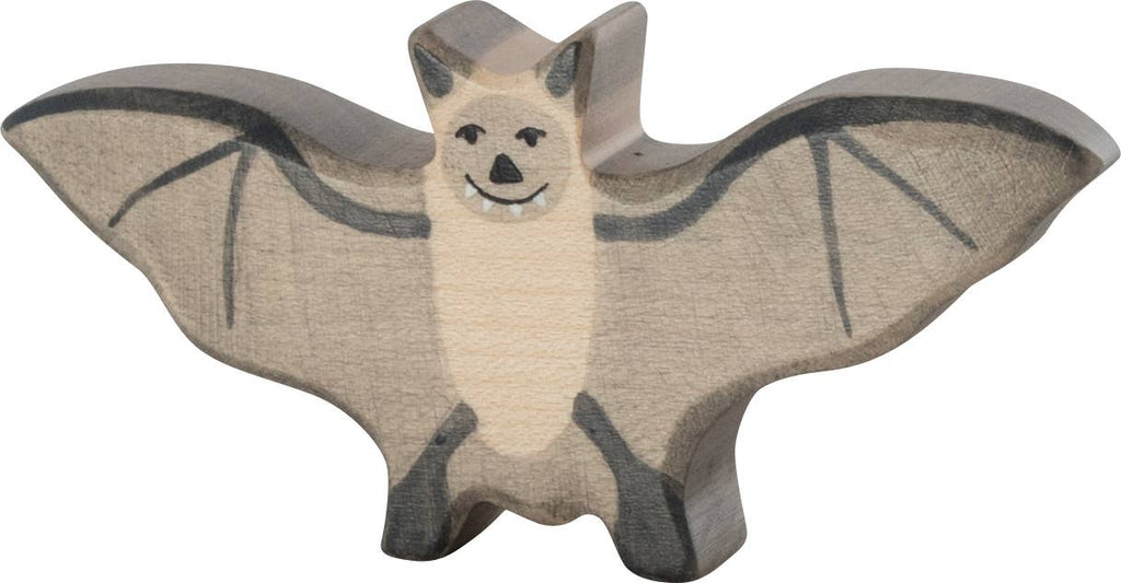The Holztiger Bat is a handcrafted wooden toy with outstretched wings, painted gray and beige with a smiling face—an adorable addition to any HOLZTIGER collection, made in Europe.