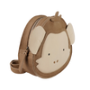 The Donsje Leather Kapi Backpack - Monkey is a small, round brown leather bag with a cartoon monkey face, beige ears, simple eyes and nose details, zipper closure, and matching strap in an animal-inspired design.