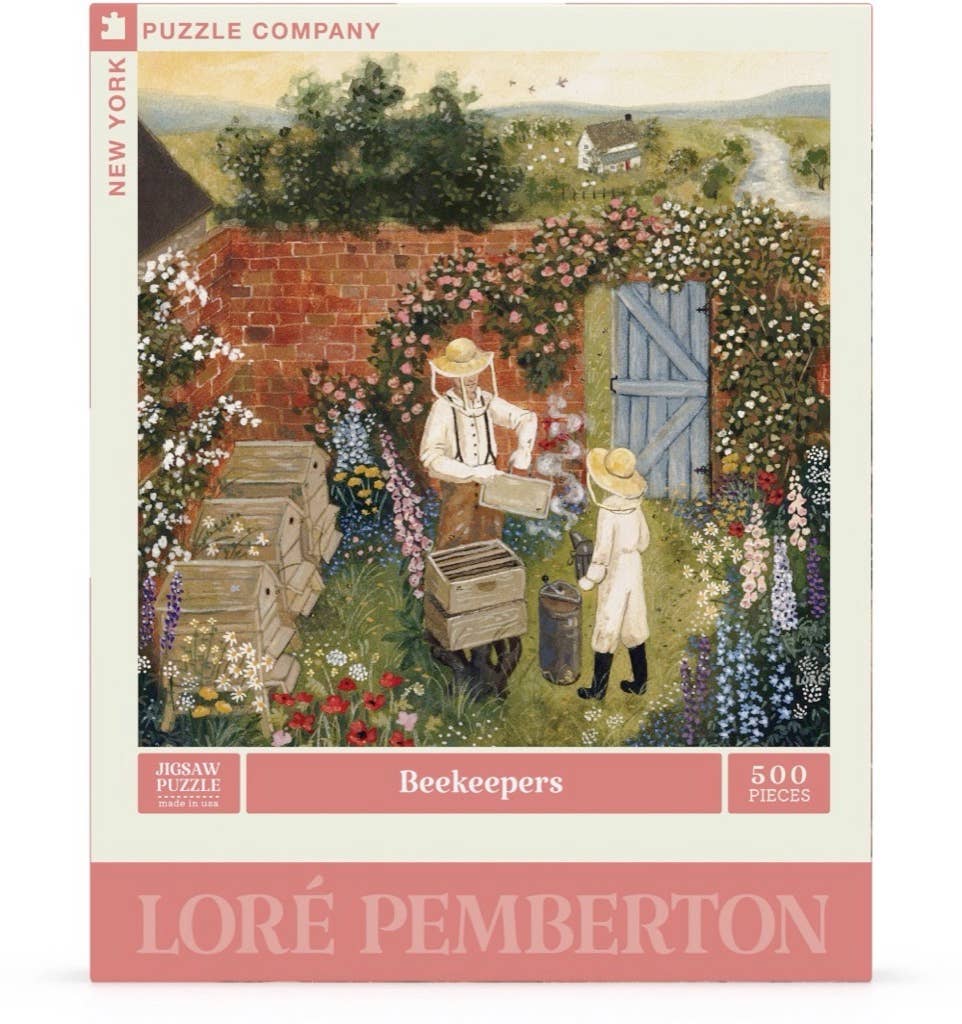 Beekeepers - 500 Piece Jigsaw Puzzle shows beekeepers caring for hives in a vibrant flower garden with trees, a stone wall, and a blue gate—ideal for honey lovers and puzzle fans.