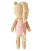 Cuddle + Kind Sophia the Pony is a fair trade, hand-knit doll horse plush with a light brown body, cream yarn mane and tail, wearing a pink dress with white spots. Handmade in Peru for unique charm; shown here from the back.