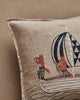 The Coral & Tusk Sailing Foxes Pillow features two embroidered foxes on a sailboat—one with a spyglass, the other steering—plus a blue and white geometric sail and wavy water lines for a charming nautical touch.