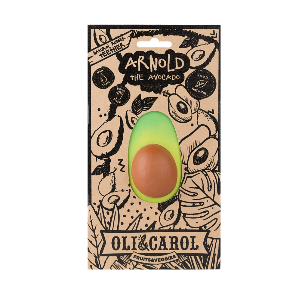 Arnold the Avocado Teething Toy by Oli & Carol is a halved avocado-shaped baby toy with a brown pit, made from 100% natural rubber for safe sensory play. The packaging features avocado illustrations and highlights its natural materials.
