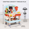 The Wooden Tool Bench is a colorful, plastic-free pretend play set for children, made from sustainable wood. It features labeled dimensions (555mm height, 343mm depth, 435mm width) and includes tools, accessories, and removable chairs.