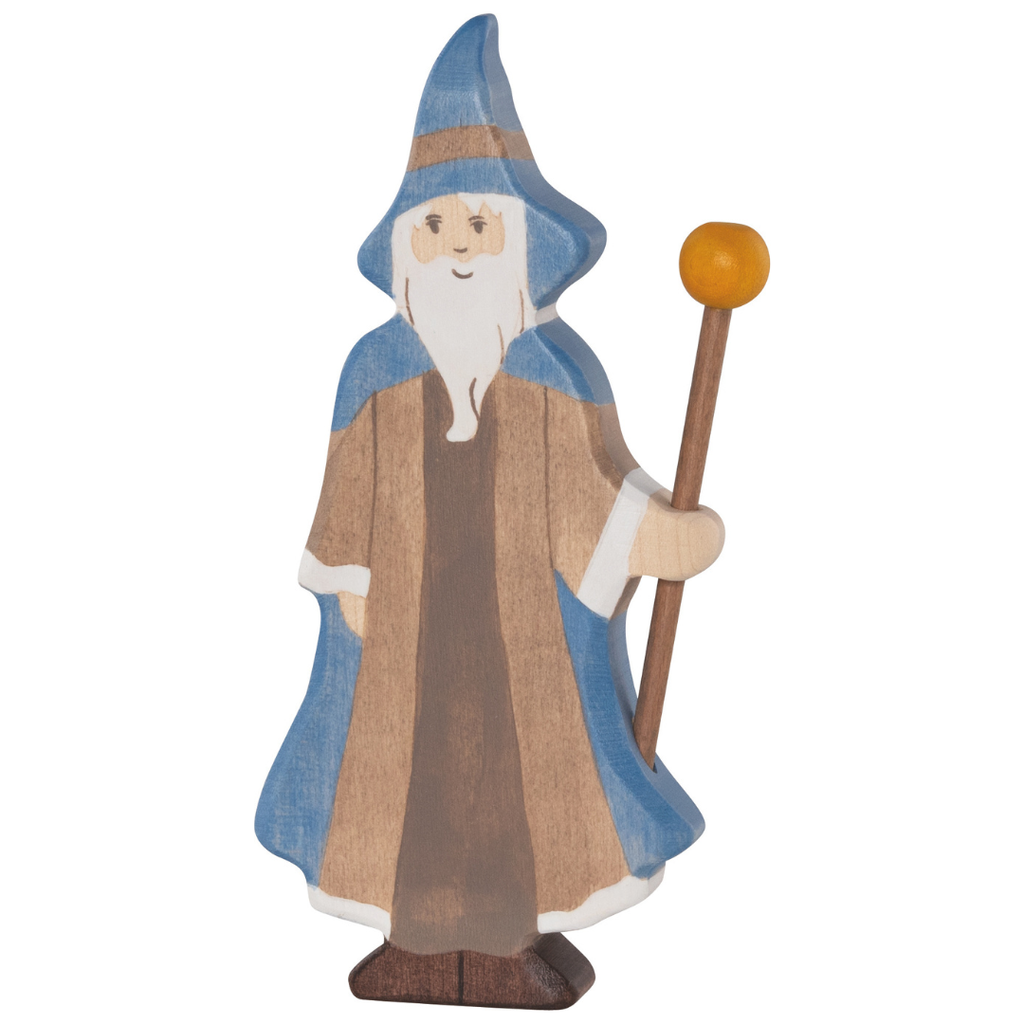 The Holztiger Magician is a handcrafted wooden toy featuring a wizard with a blue hat and robe, white beard, and staff with a yellow orb—ideal for imaginative play.