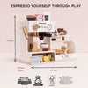The Barista Café Shop is a sustainable, FSC-certified wooden coffee machine toy and pretend café set with accessories, measuring 315mm tall, 150mm deep, and 407mm wide. Earth-friendly design. Ships in one week.
