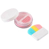 An open jar of Klee Naturals Deluxe Makeup Kit - Regal Queen Fairy pink face powder with a sifter, displayed alongside a cosmetic brush with multi-colored blue, yellow, and pink bristles.