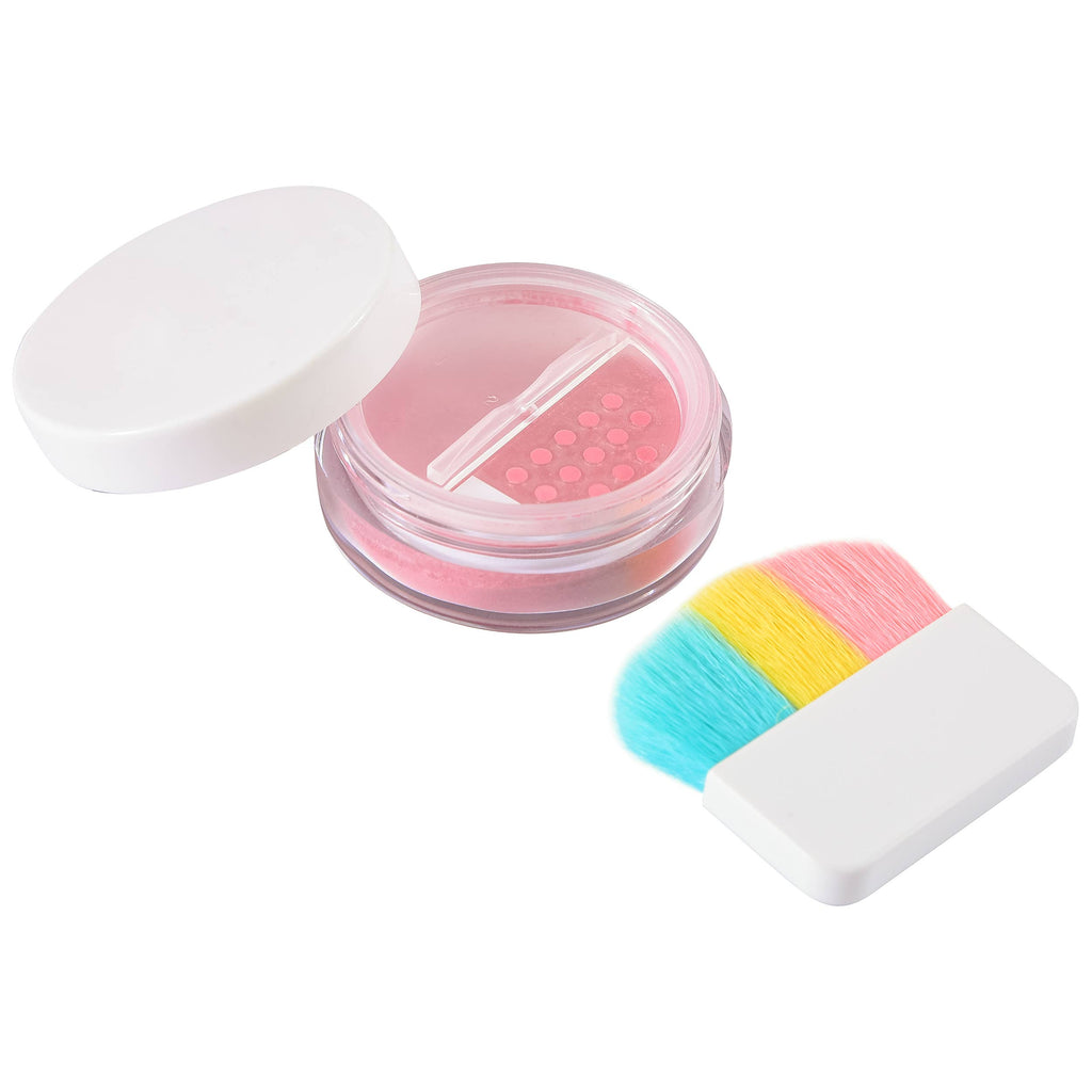 An open jar of Klee Naturals Deluxe Makeup Kit - Regal Queen Fairy pink face powder with a sifter, displayed alongside a cosmetic brush with multi-colored blue, yellow, and pink bristles.