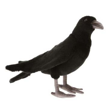 The Crow Bird Stuffed Animal is a hand-sewn plush toy shaped like a black crow with gray beak and legs, featuring realistic details. Part of the HANSA collection, it's perfect for collectors and kids.